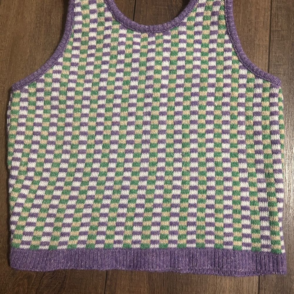 VTG 70s Sears Jr Bazaar Checkered Knit Tank Top Vest Purple Green Mod L - Picture 3 of 3